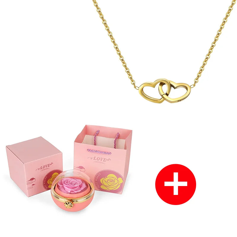 2025 Round Comer Rotating Preserved Rose Flower Jewelry Gift Box Heart Necklace Birthday Christmas Gifts