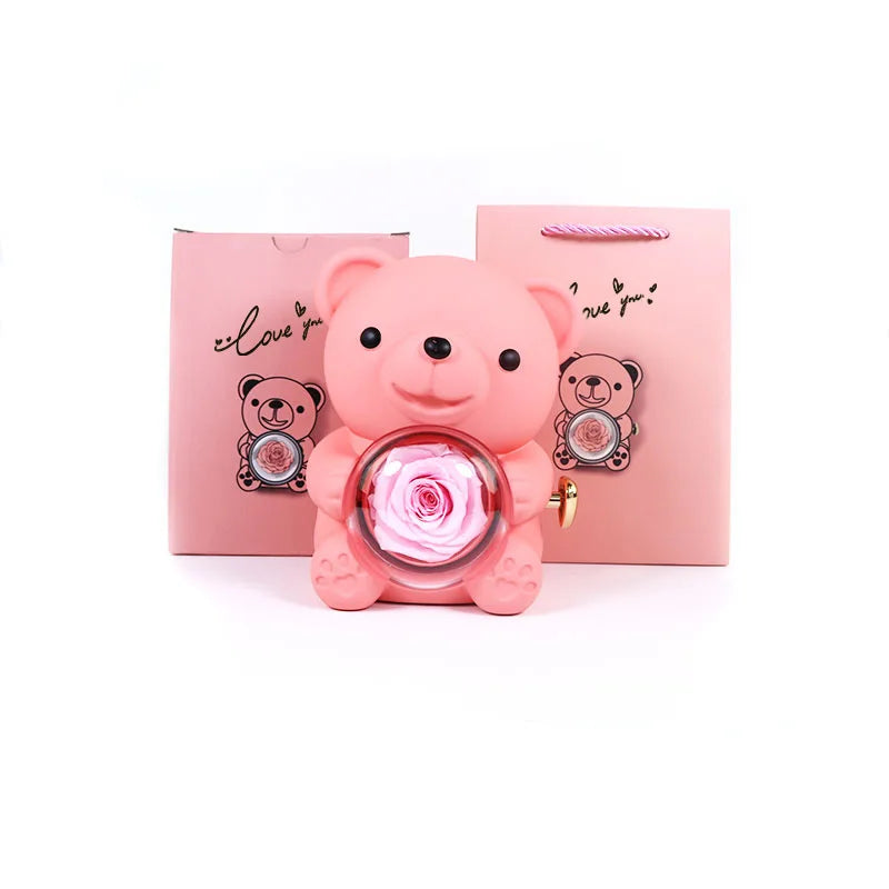 2025 Rotating Bear Rose Jewelry Box Double Heart Embracing Bear For Mom Wife Girl Valentine's Day Christmas Gifts