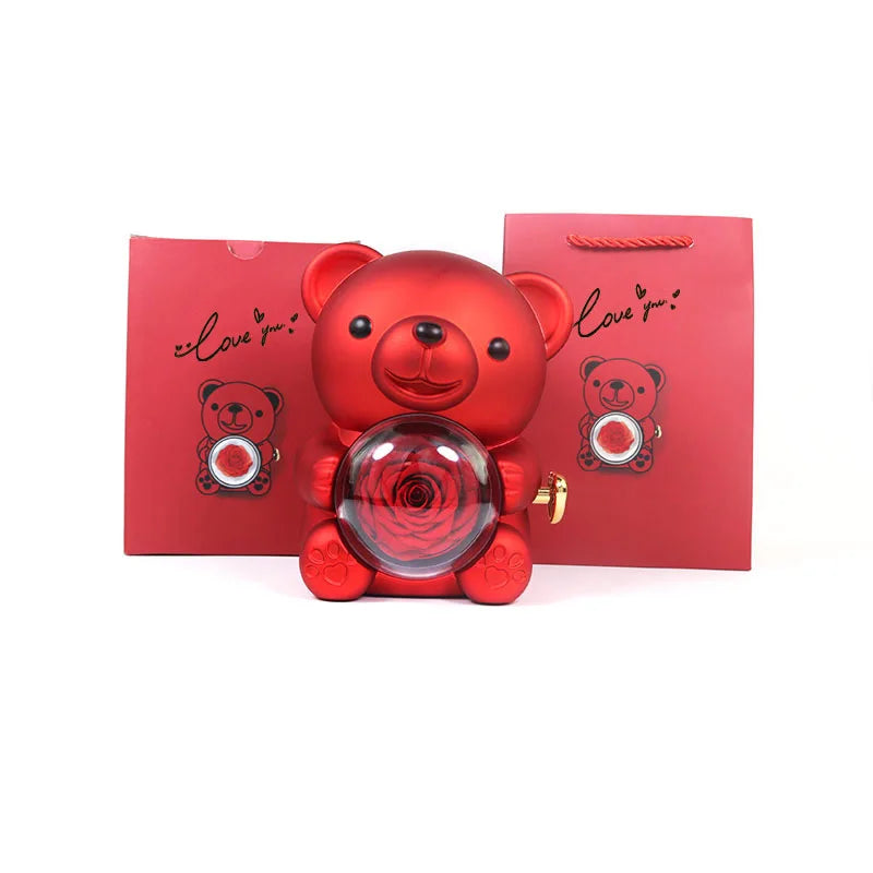 2025 Rotating Bear Rose Jewelry Box Double Heart Embracing Bear For Mom Wife Girl Valentine's Day Christmas Gifts