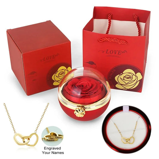 2025 Round Comer Rotating Preserved Rose Flower Jewelry Gift Box Heart Necklace Birthday Christmas Gifts